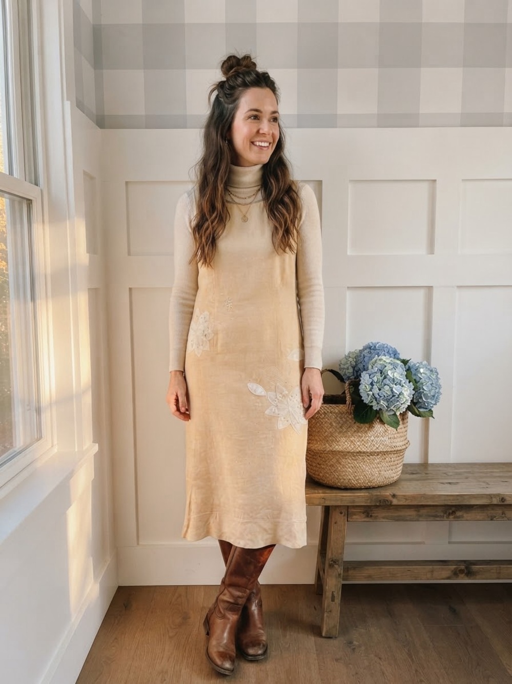 Donna Morgan Cream Slip Dress with Floral Appliqué 14